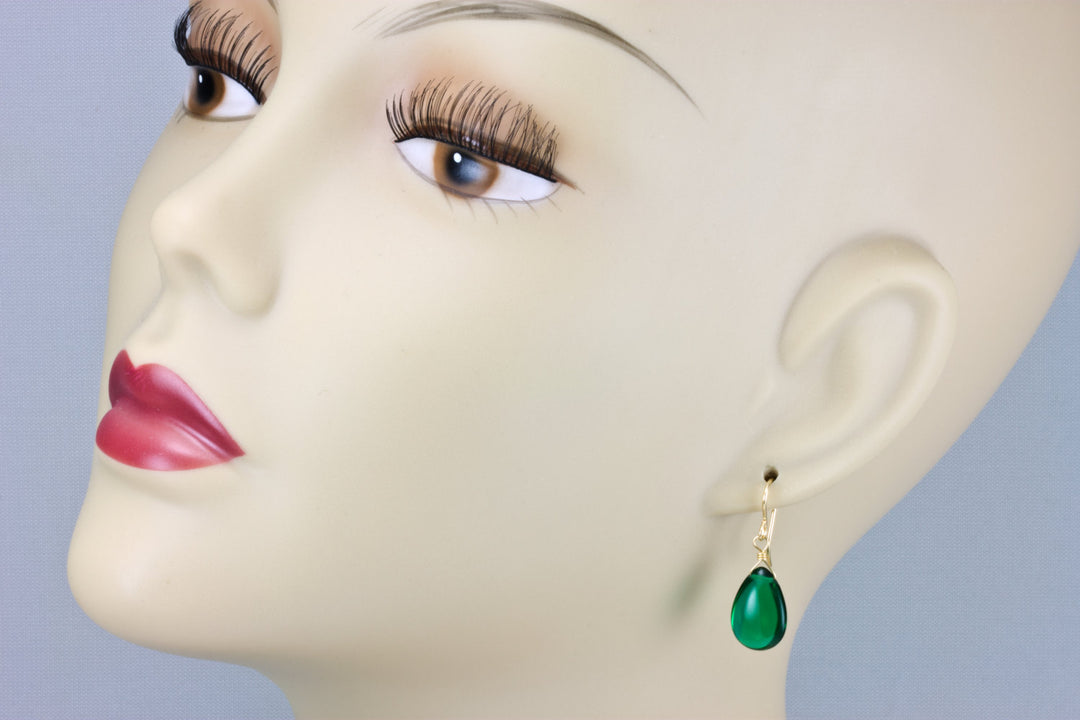 Emerald Green Earrings Smooth Simulated Emerald Pear Teardrop Drop Dangle Sterling Silver or 14k Solid Gold or Filled Simple Basic Classic