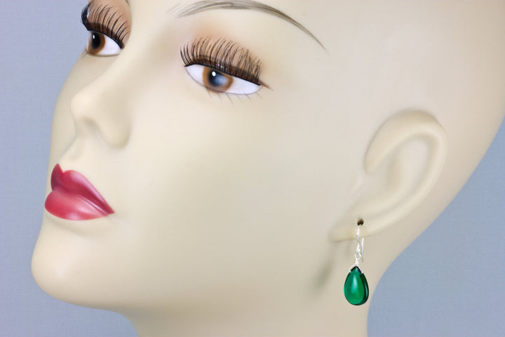 Emerald Green Earrings Smooth Simulated Emerald Pear Teardrop Drop Dangle Sterling Silver or 14k Solid Gold or Filled Simple Basic Classic