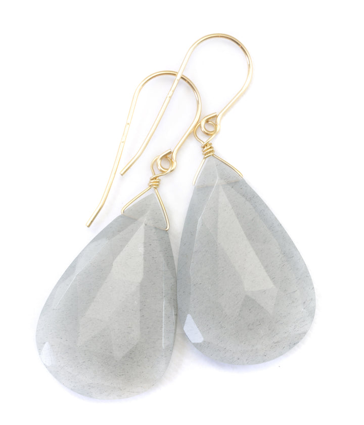 Gray Moonstone Earrings Large Faceted Sterling Silver or 14k Solid Gold or Filled Faceted Teardrops Wide Fat Pear Drops Shimmery 2 Inch