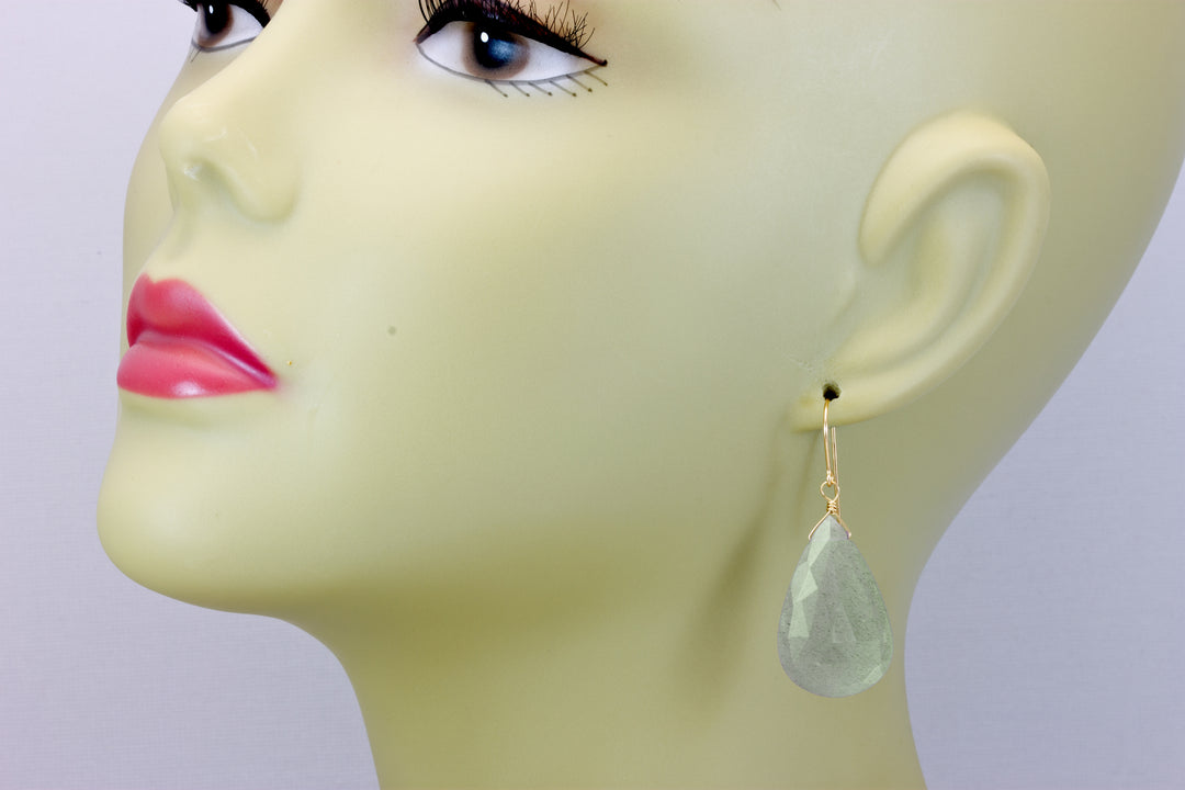 Gray Moonstone Earrings Large Faceted Sterling Silver or 14k Solid Gold or Filled Faceted Teardrops Wide Fat Pear Drops Shimmery 2 Inch